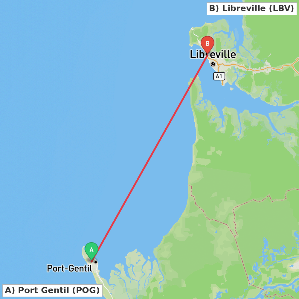 Flight route map from Port Gentil to Libreville