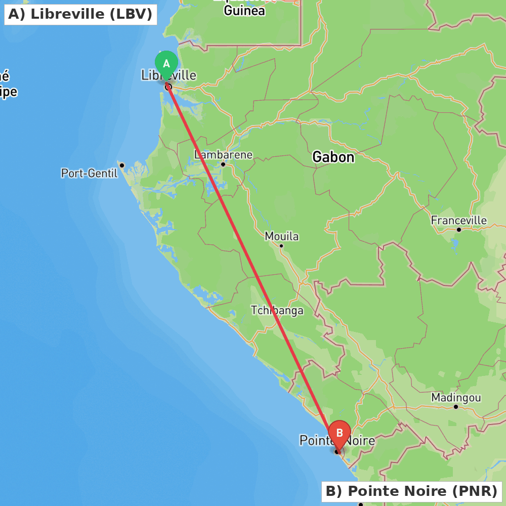 Flight route map from Libreville to Pointe Noire