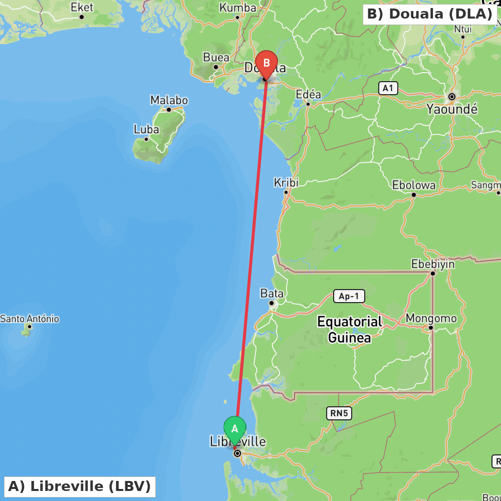 Flight route map from Libreville to Douala