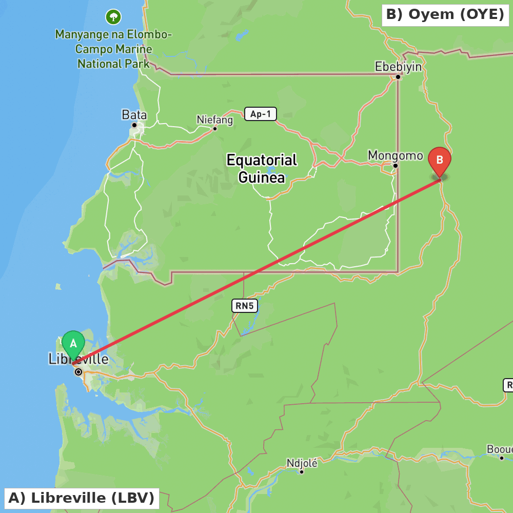 Flight route map from Libreville to Oyem