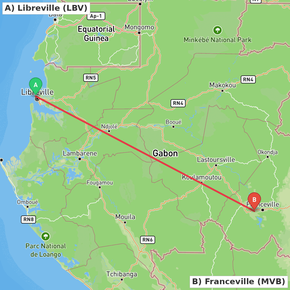 Flight route map from Libreville to Franceville