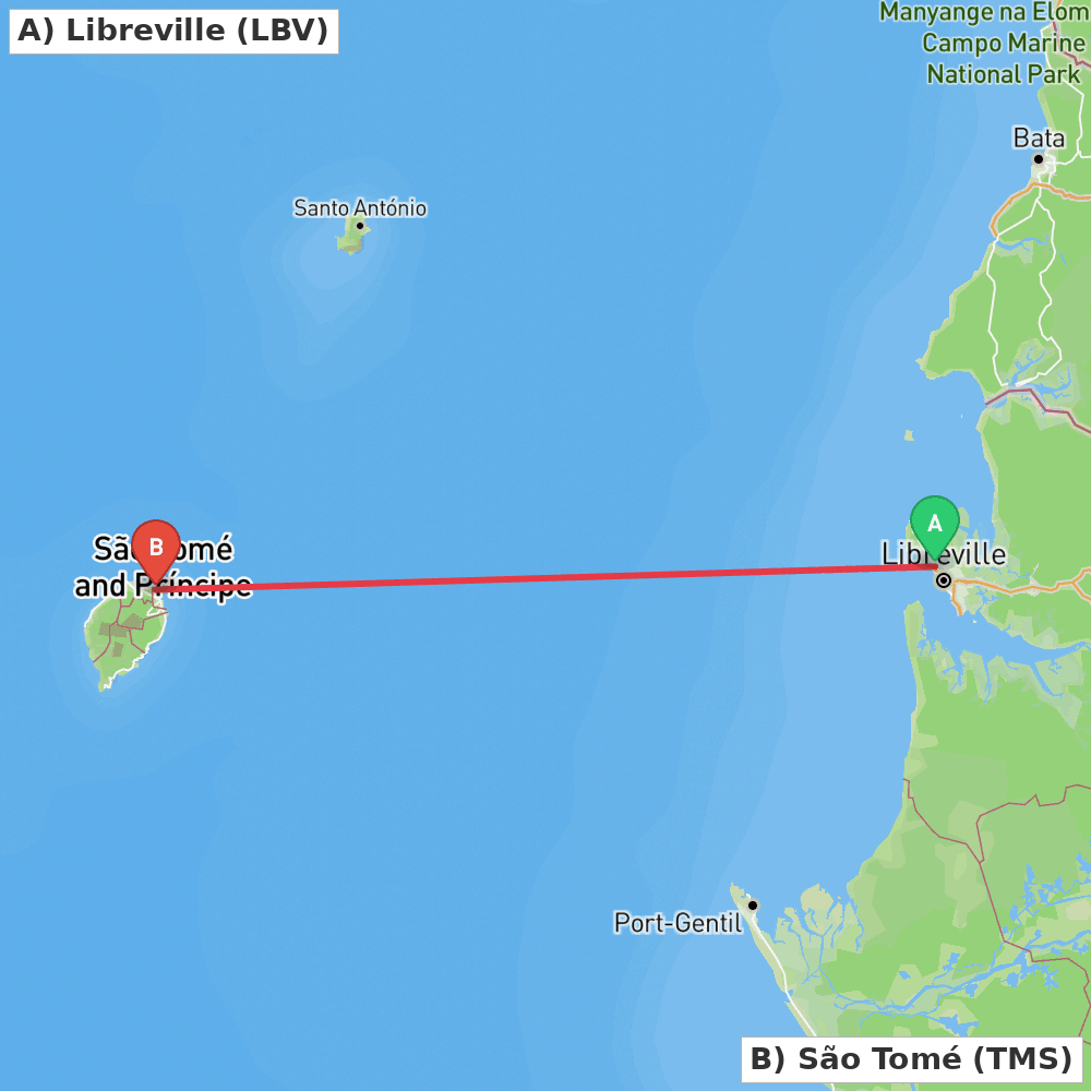 Flight route map from Libreville to São Tomé
