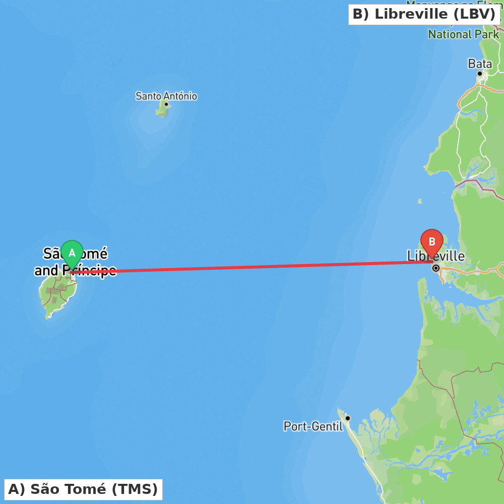 Flight route map from São Tomé to Libreville