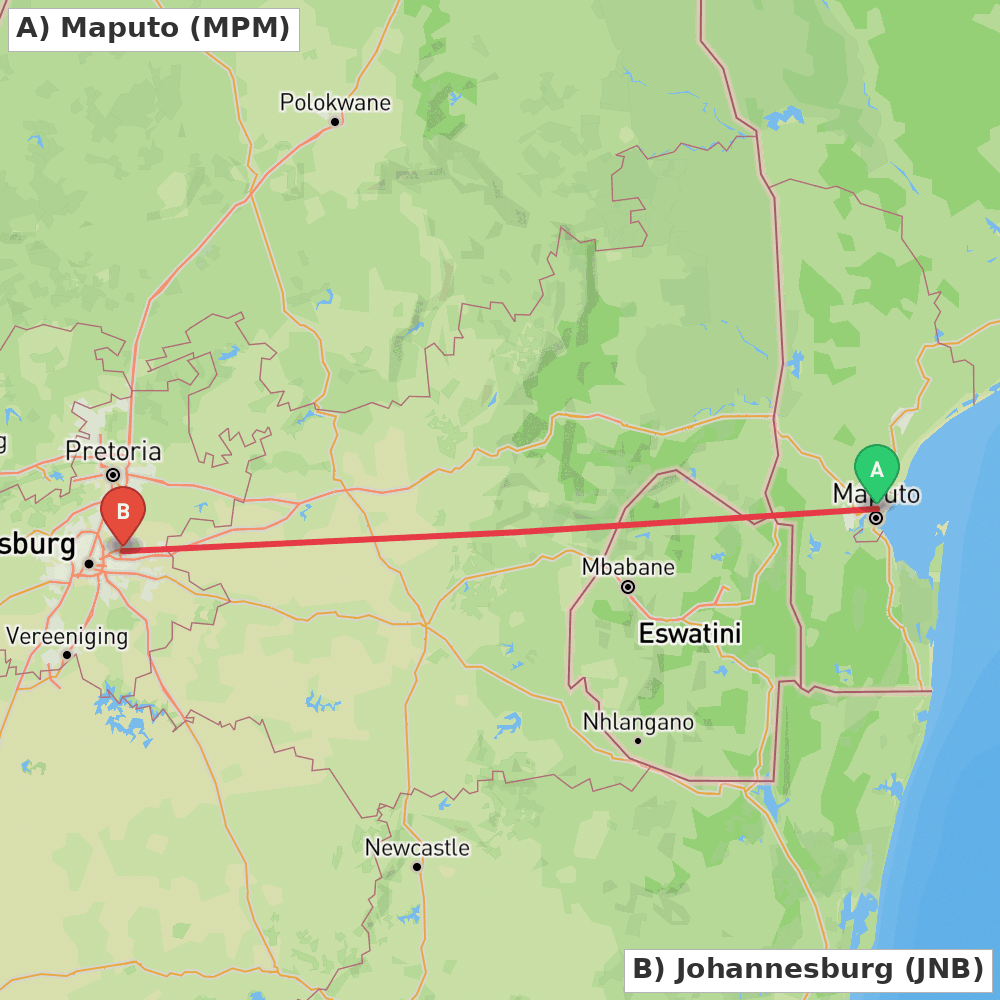 Flight route map from Maputo to Johannesburg