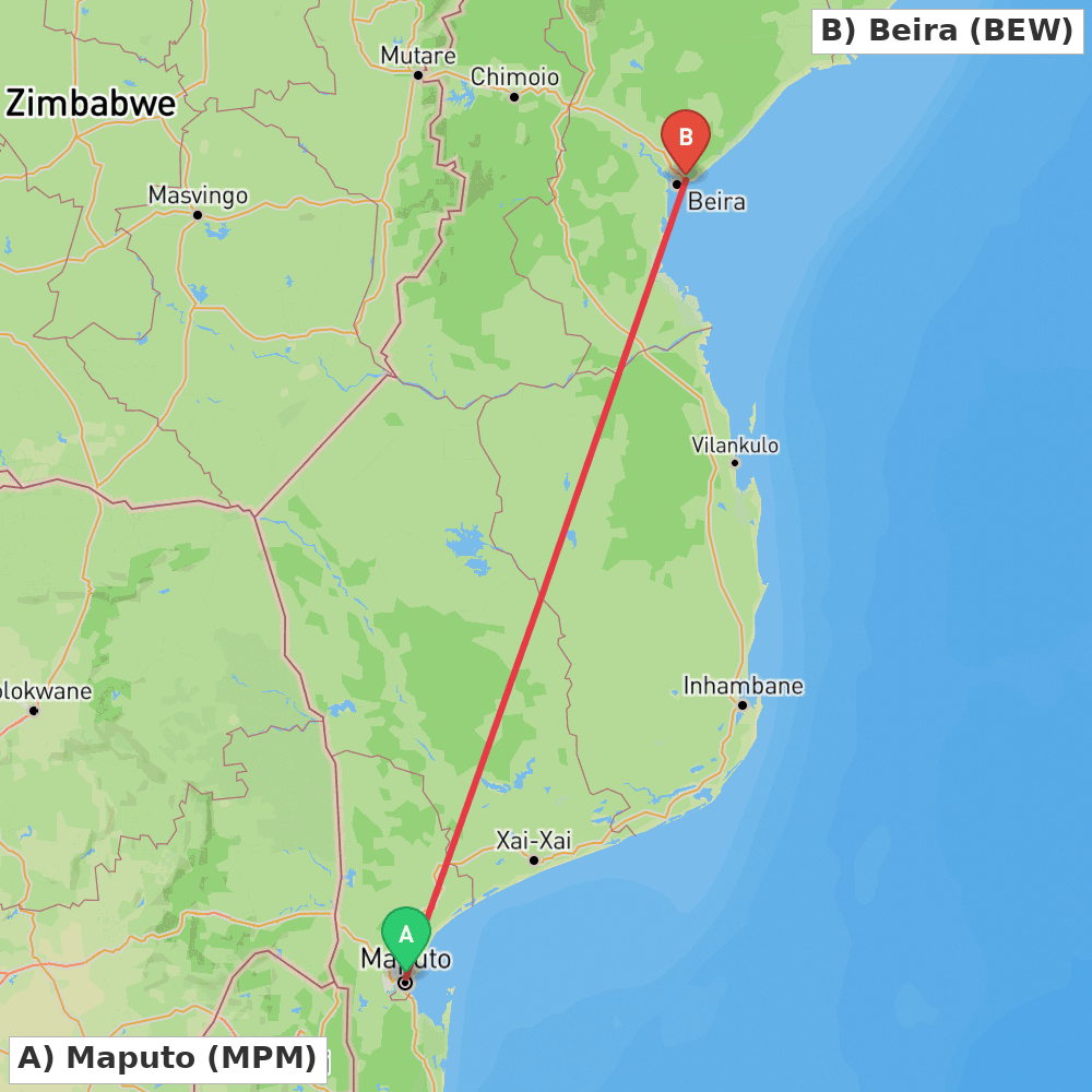 Flight route map from Maputo to Beira
