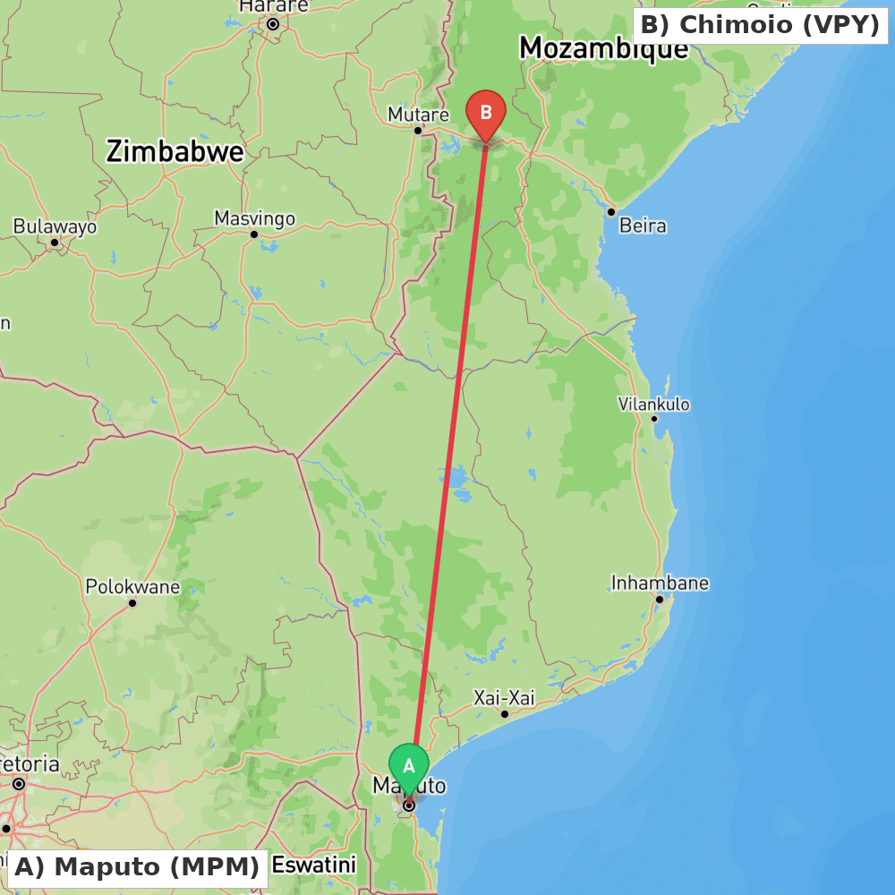 Flight route map from Maputo to Chimoio