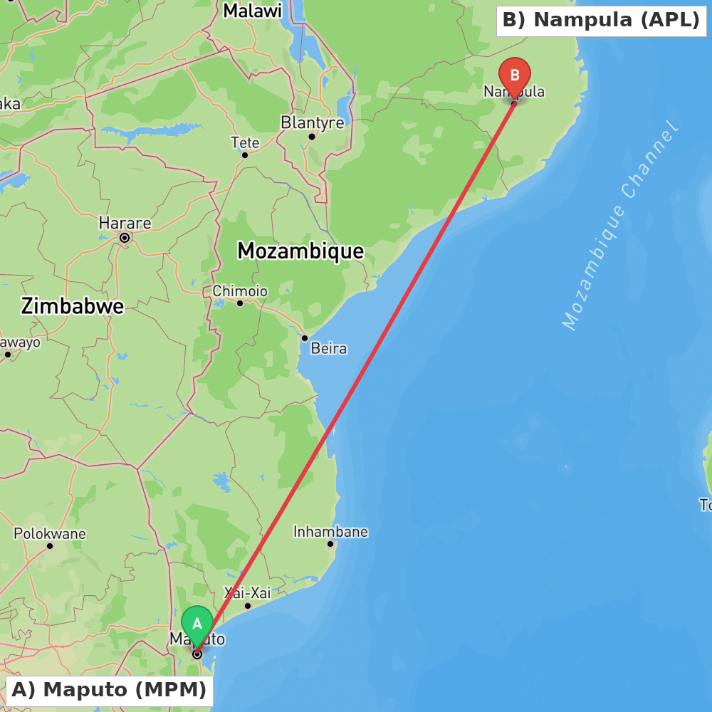 Flight route map from Maputo to Nampula