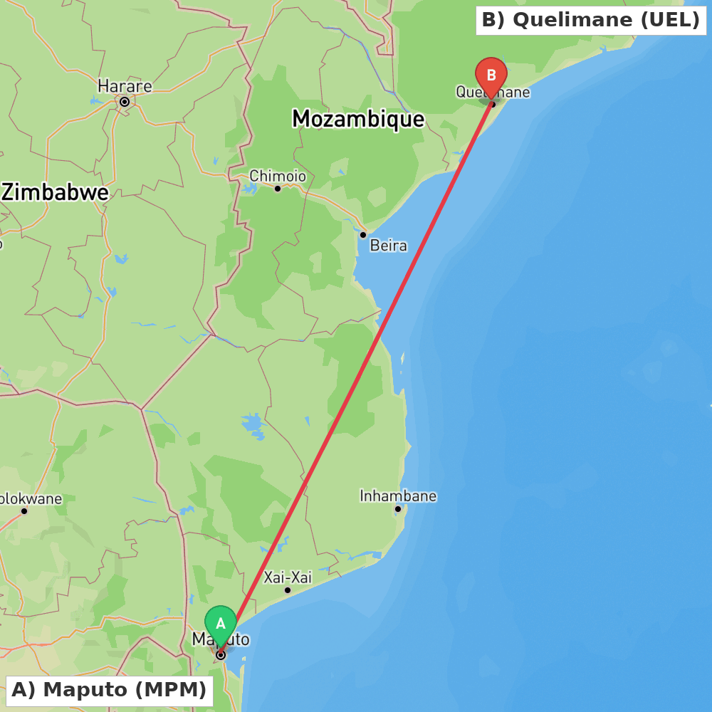Flight route map from Maputo to Quelimane