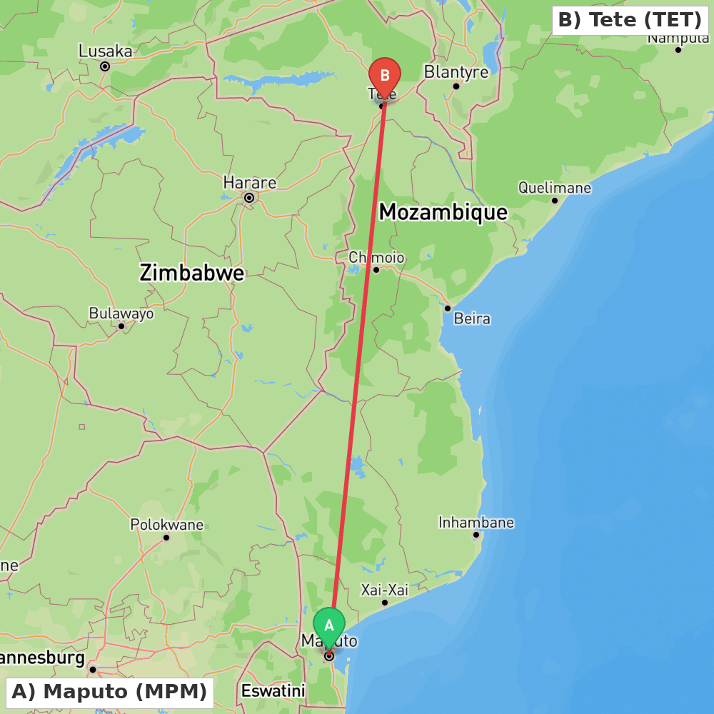 Flight route map from Maputo to Tete