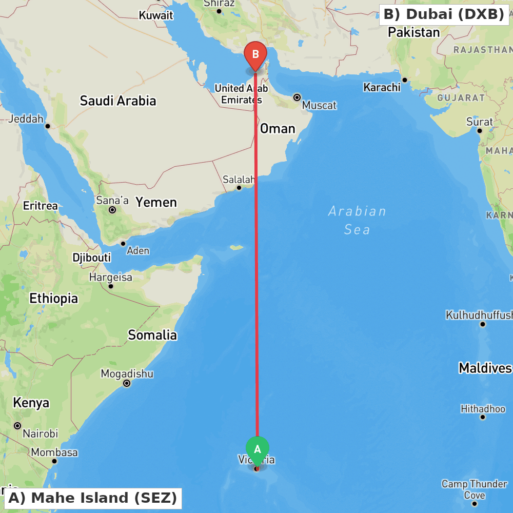 Flight route map from Mahe Island to Dubai