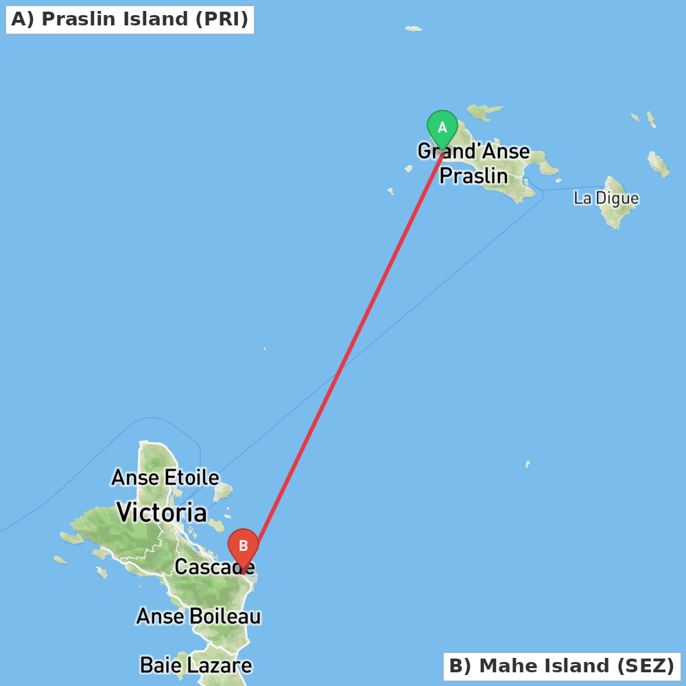 Flight route map from Praslin Island to Mahe Island