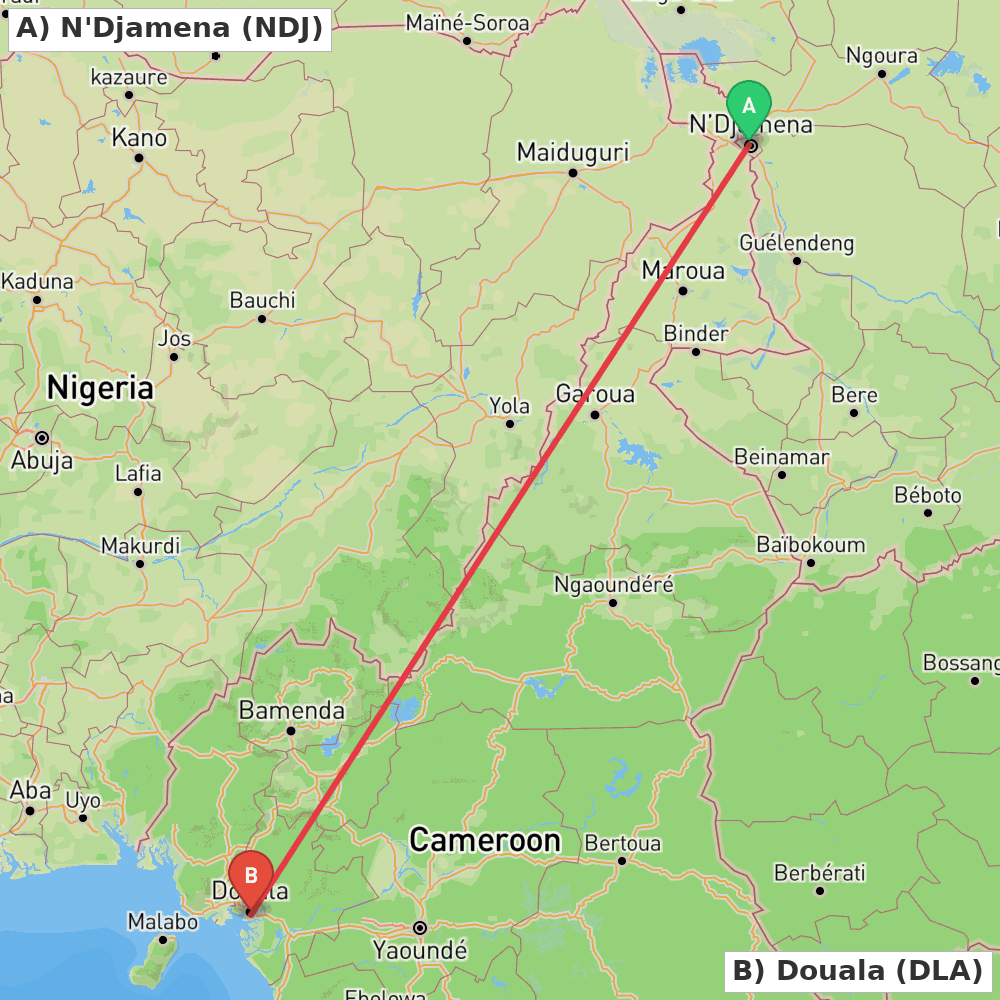 Flight route map from N'Djamena to Douala