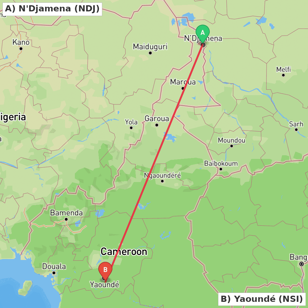 Flight route map from N'Djamena to Yaoundé