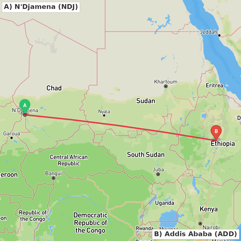 Flight route map from N'Djamena to Addis Ababa