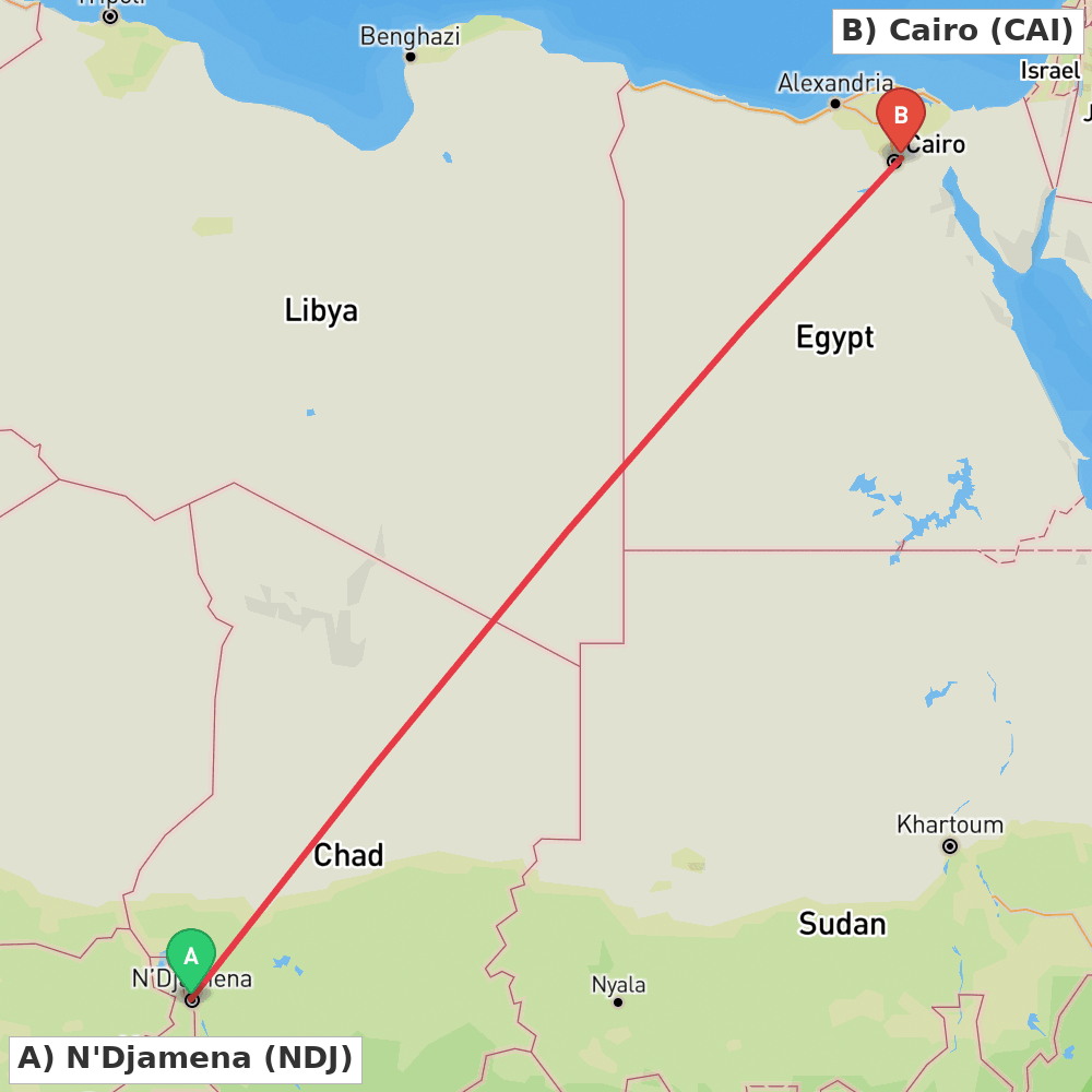 Flight route map from N'Djamena to Cairo