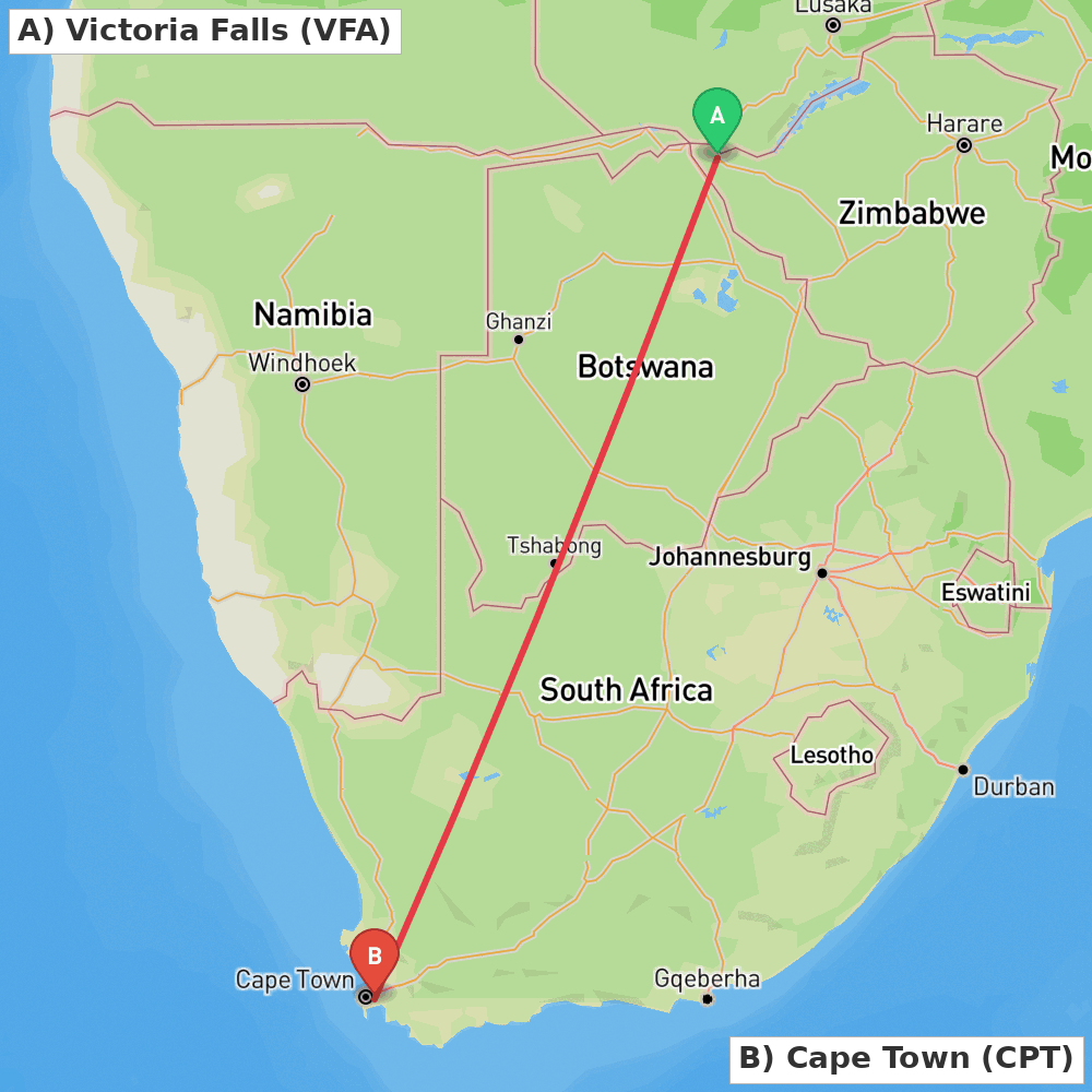 Flight route map from Victoria Falls to Cape Town