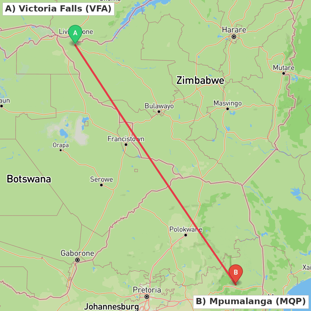 Flight route map from Victoria Falls to Mpumalanga