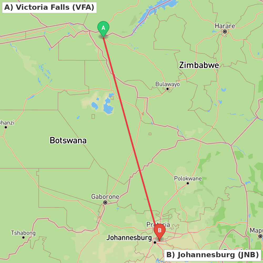 Flight route map from Victoria Falls to Johannesburg