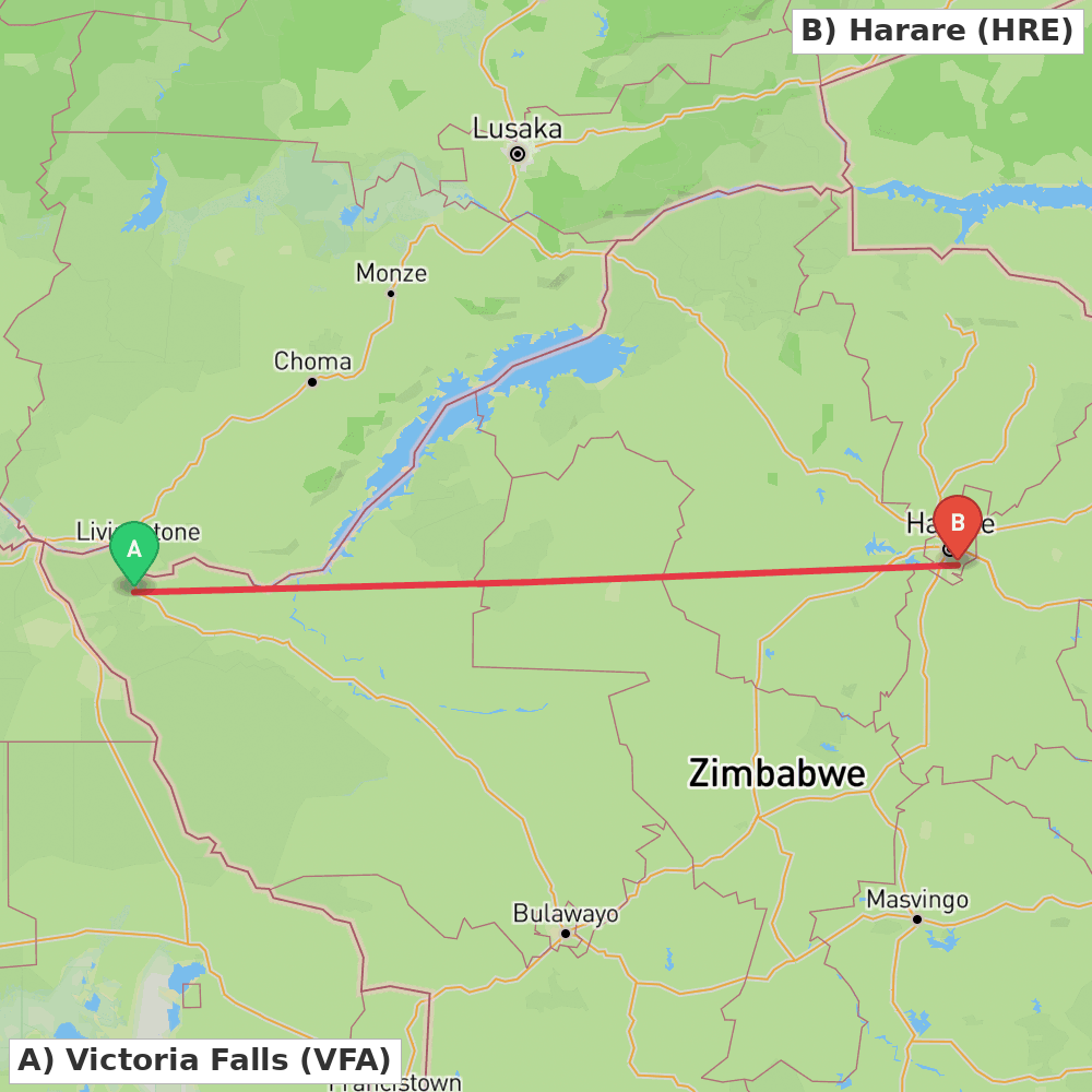 Flight route map from Victoria Falls to Harare