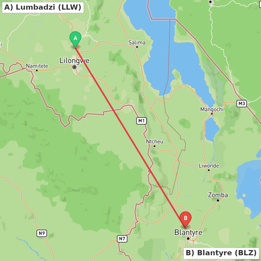Flight route map from Lumbadzi to Blantyre