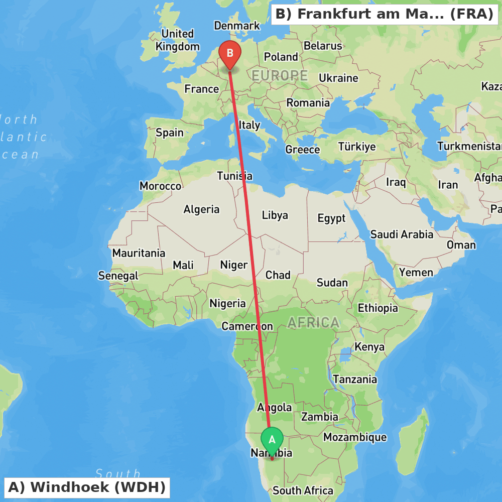 Flight route map from Windhoek to Frankfurt am Main