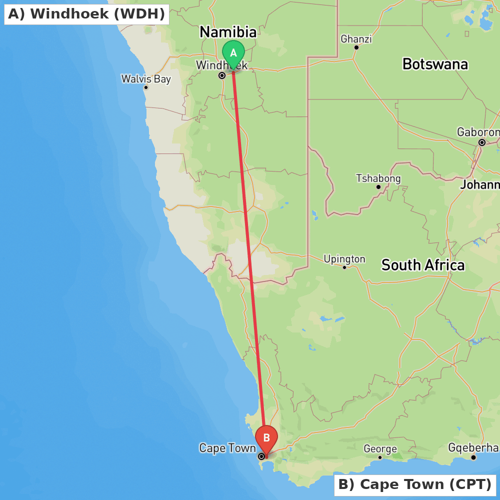 Flight route map from Windhoek to Cape Town