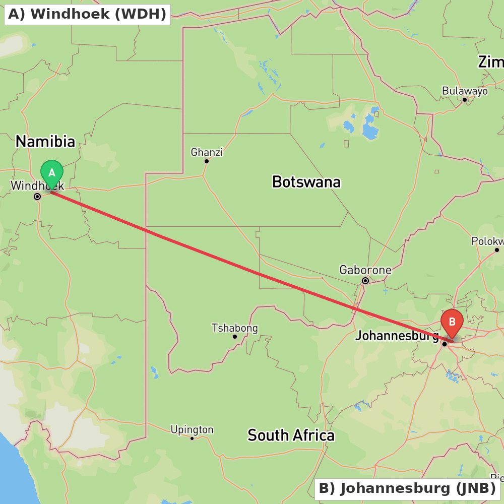 Flight route map from Windhoek to Johannesburg