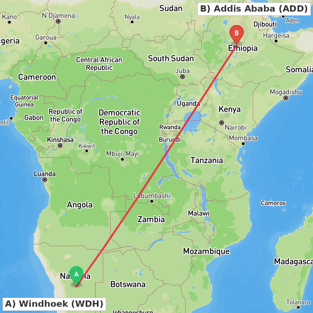 Flight route map from Windhoek to Addis Ababa