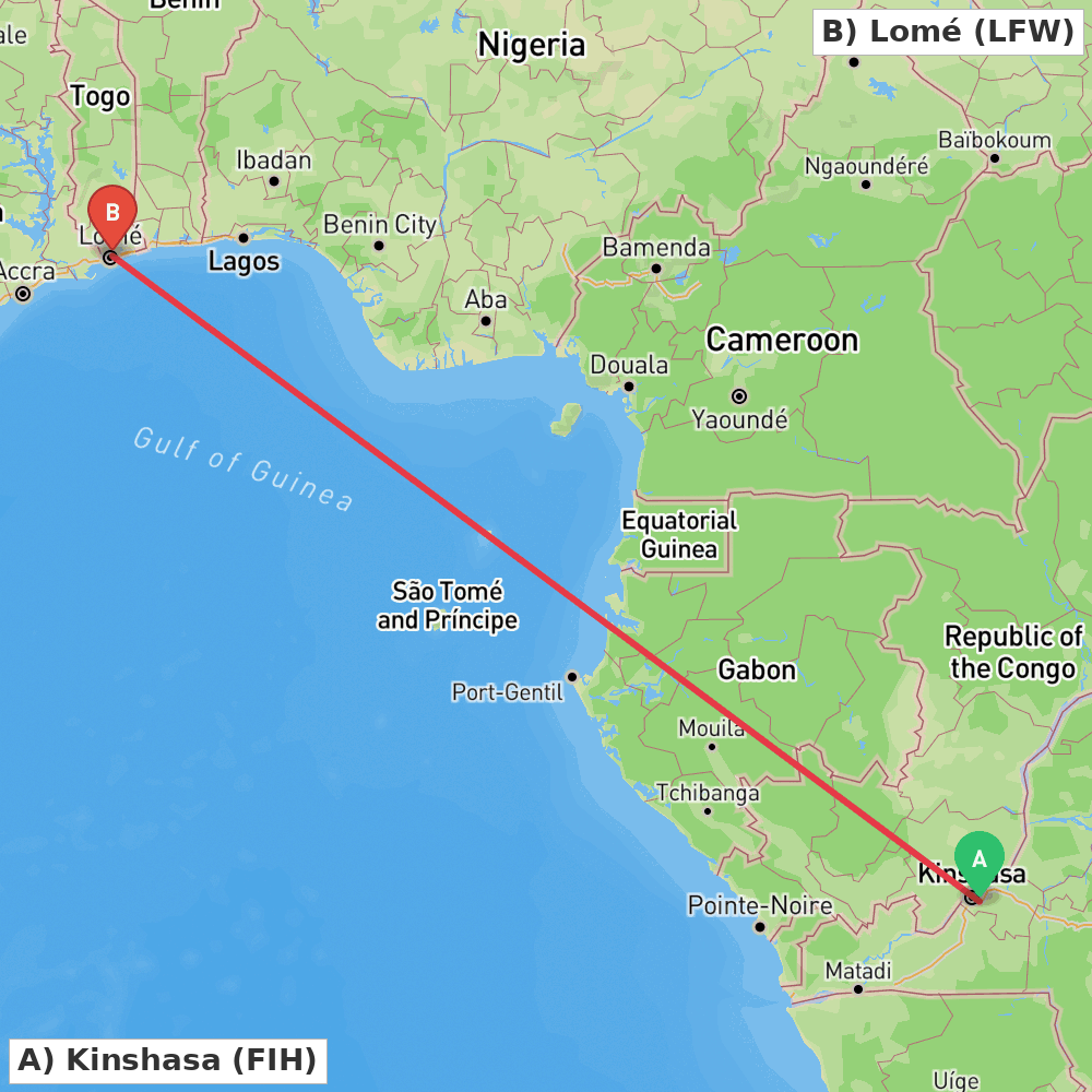 Flight route map from Kinshasa to Lomé