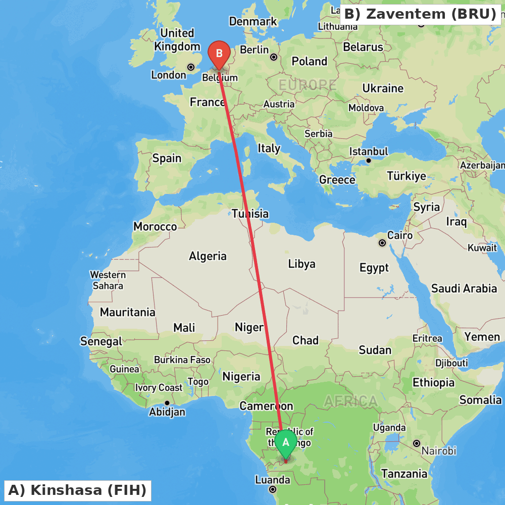 Flight route map from Kinshasa to Zaventem