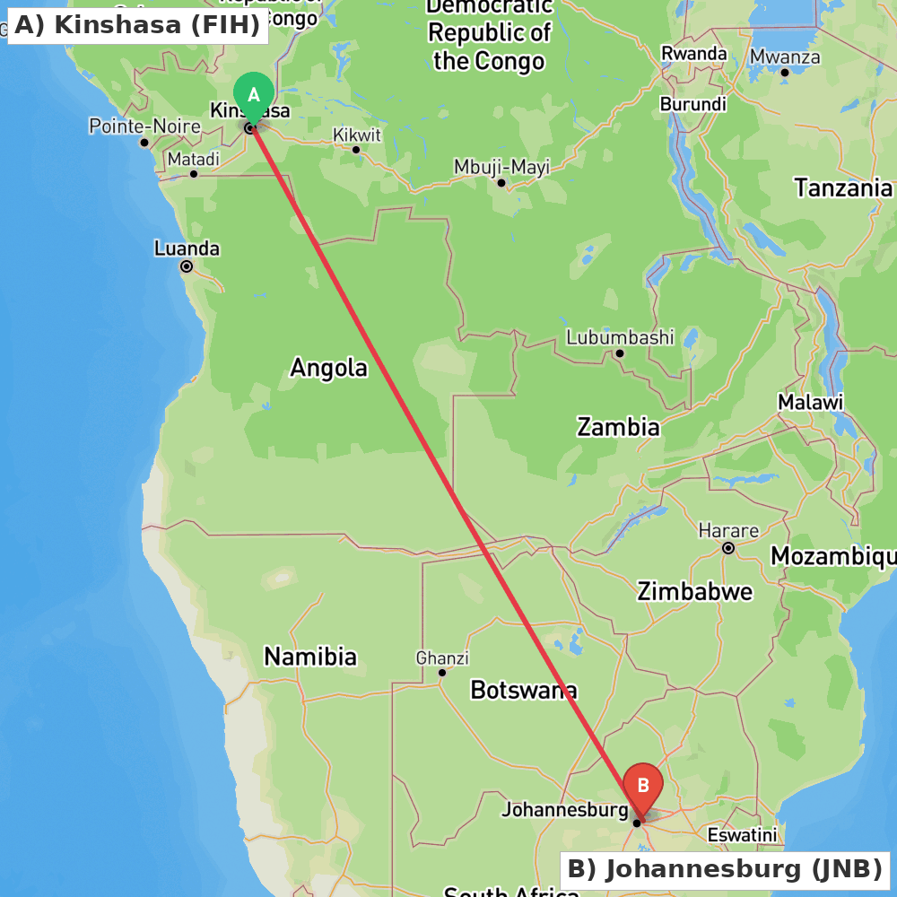 Flight route map from Kinshasa to Johannesburg