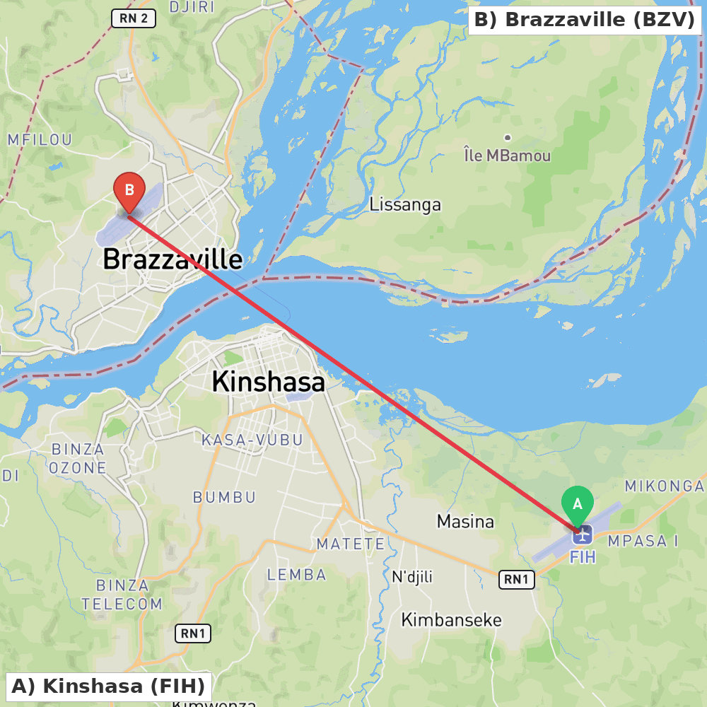 Flight route map from Kinshasa to Brazzaville