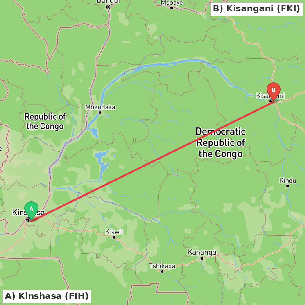 Flight route map from Kinshasa to Kisangani
