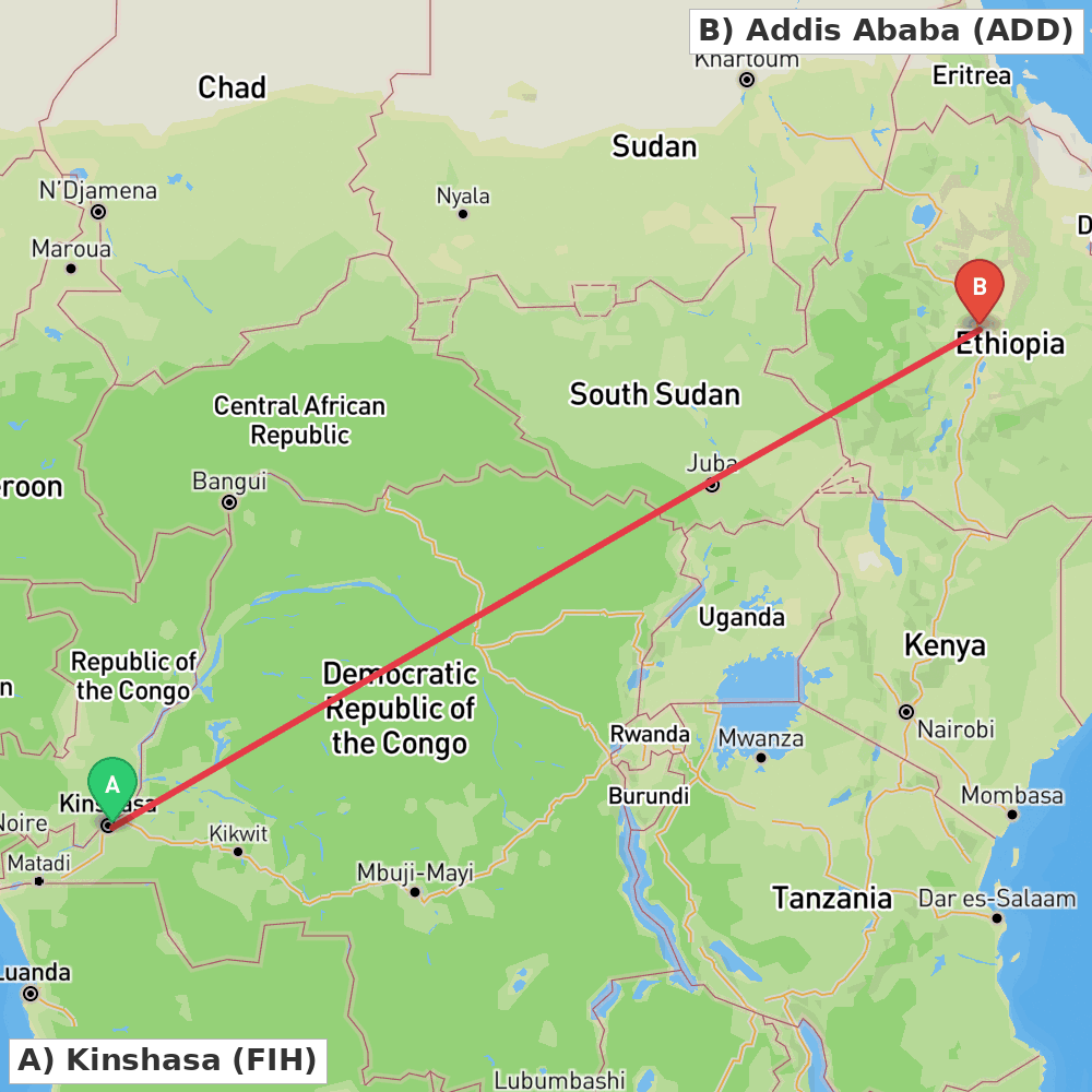 Flight route map from Kinshasa to Addis Ababa