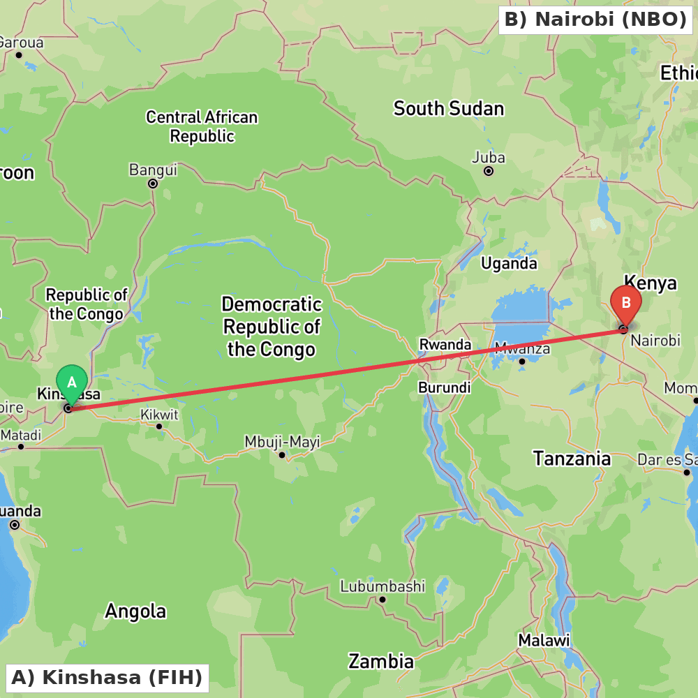Flight route map from Kinshasa to Nairobi