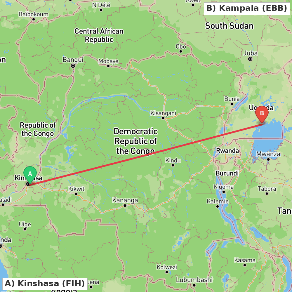 Flight route map from Kinshasa to Kampala