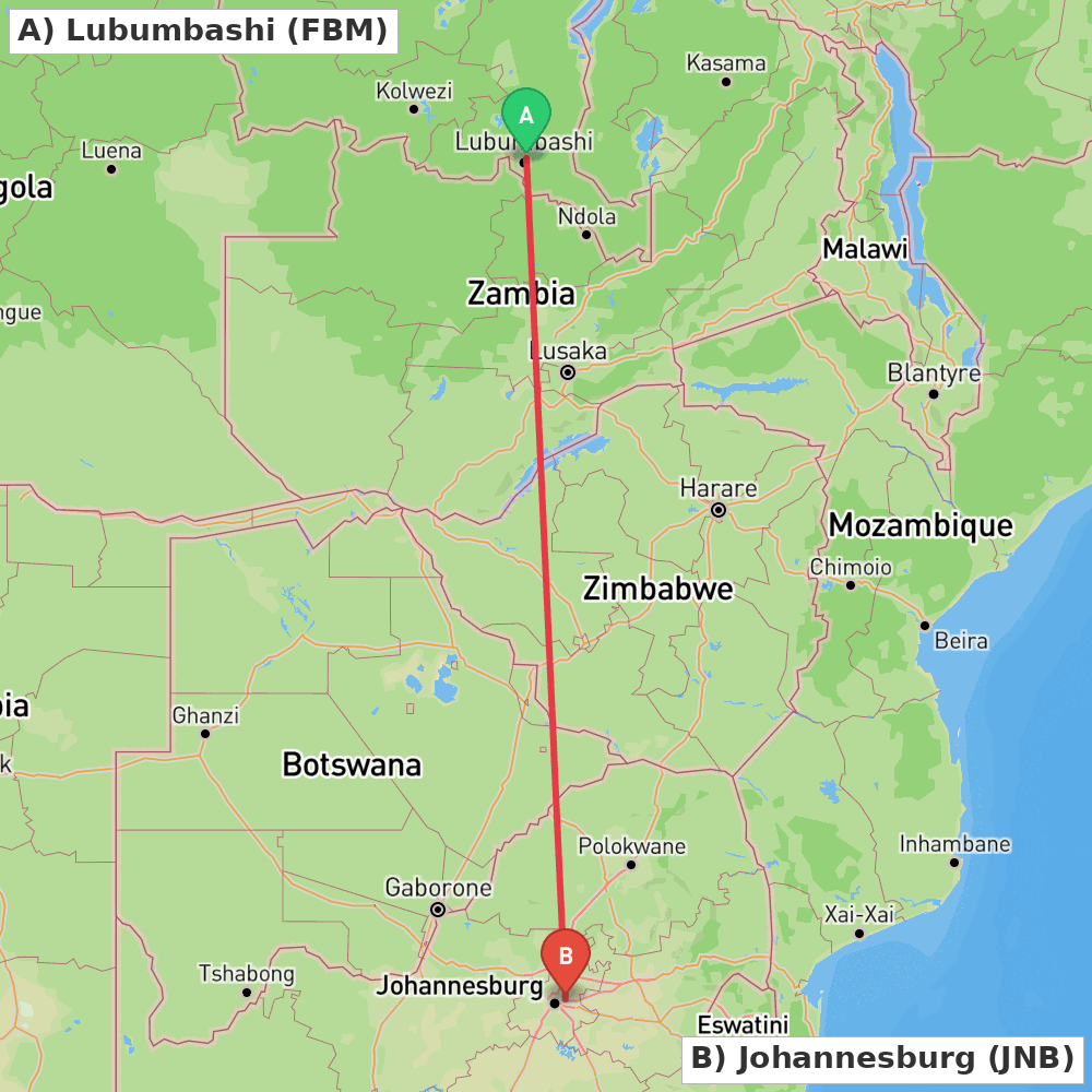 Flight route map from Lubumbashi to Johannesburg