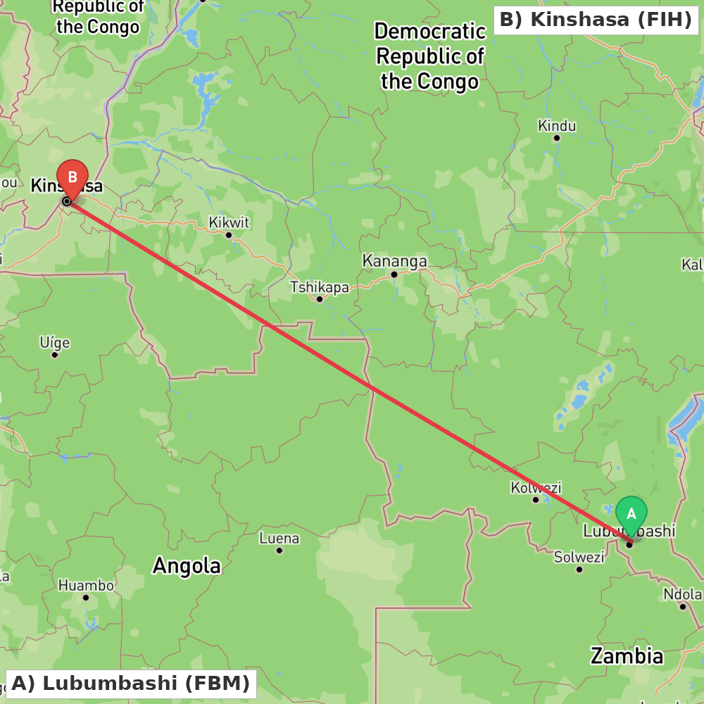 Flight route map from Lubumbashi to Kinshasa