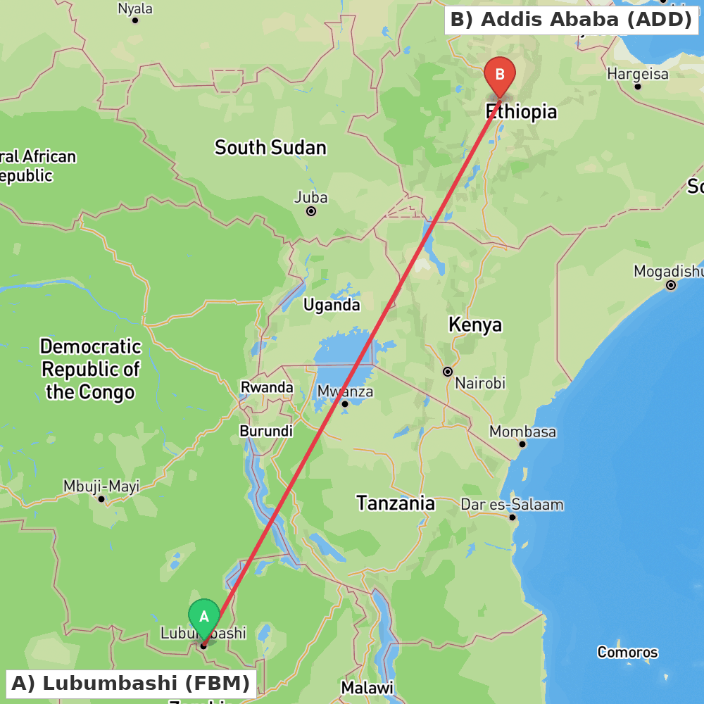 Flight route map from Lubumbashi to Addis Ababa
