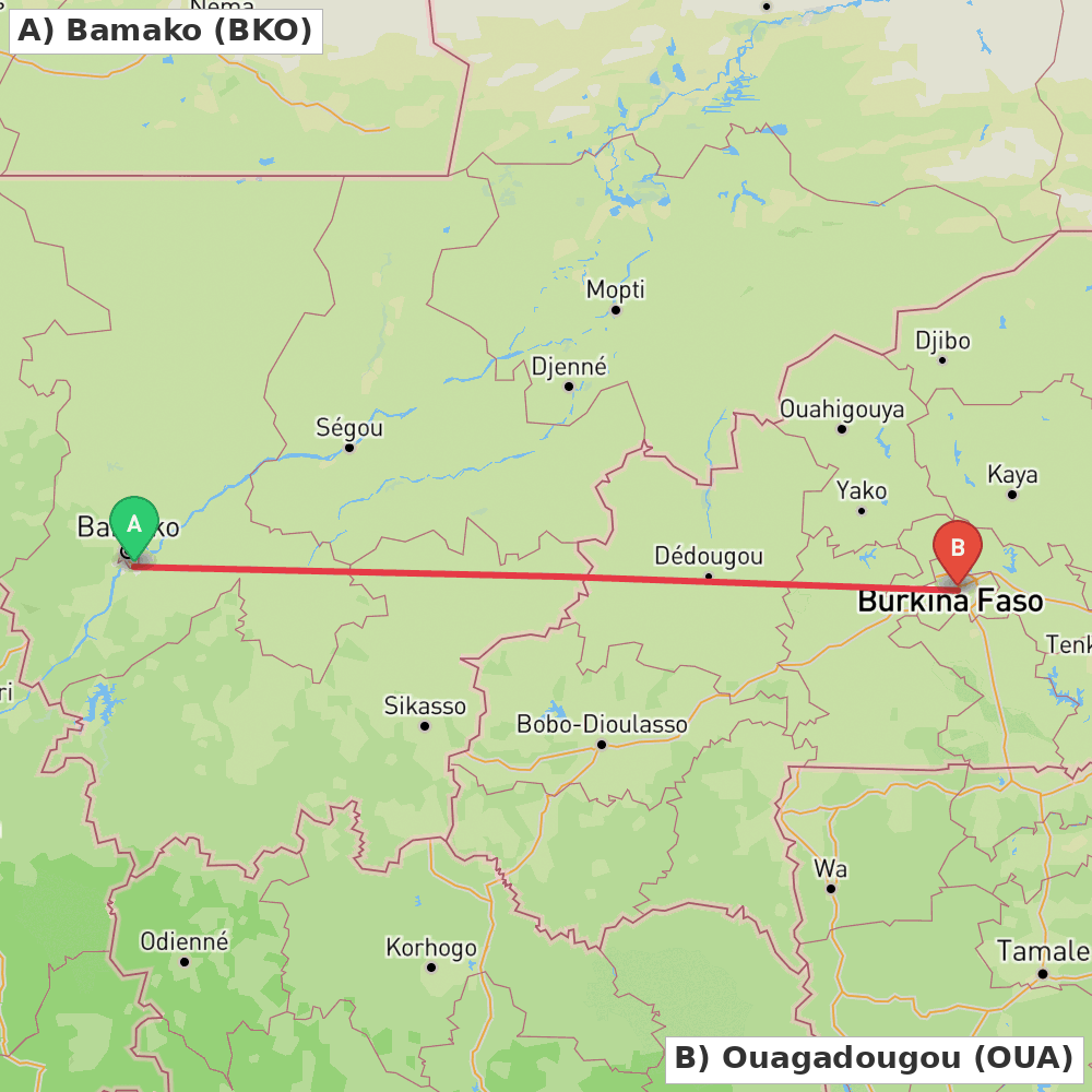 Flight route map from Bamako to Ouagadougou