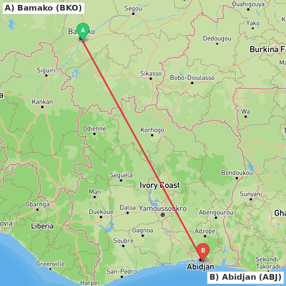 Flight route map from Bamako to Abidjan