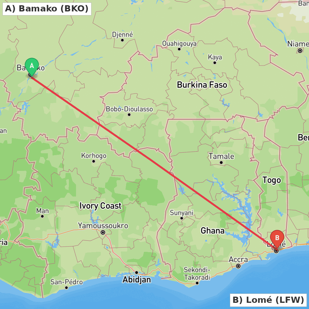 Flight route map from Bamako to Lomé
