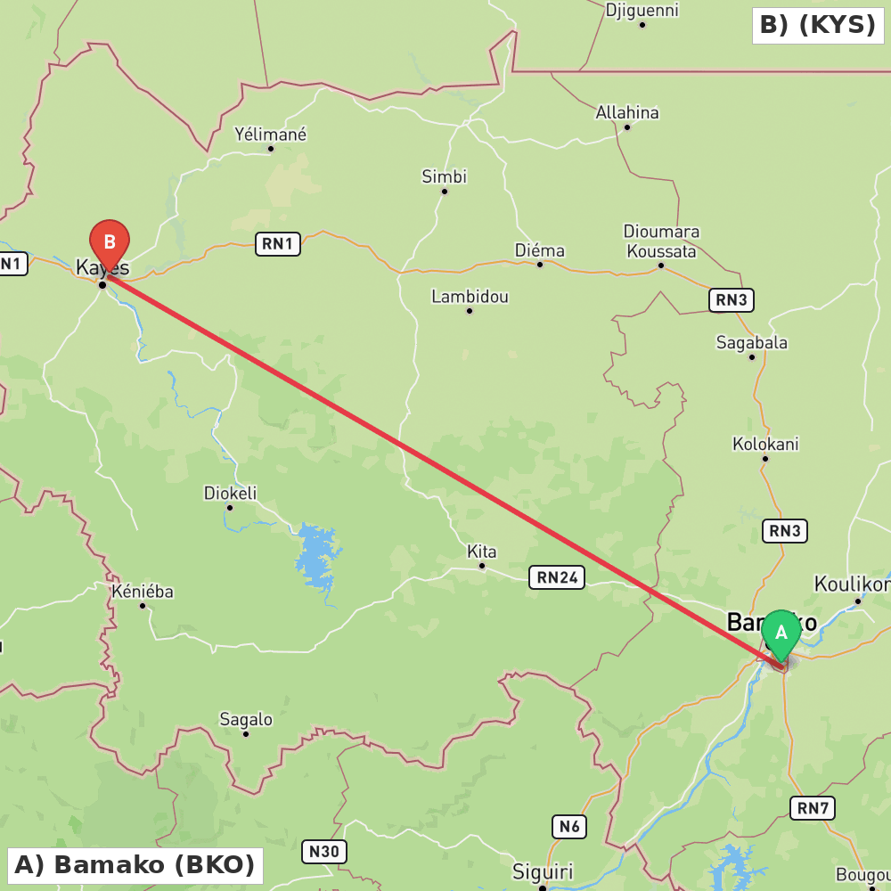 Flight route map from Bamako to Kayes Dag Dag Airport
