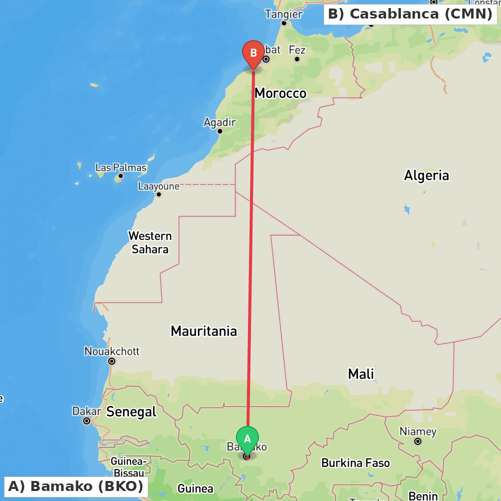 Flight route map from Bamako to Casablanca