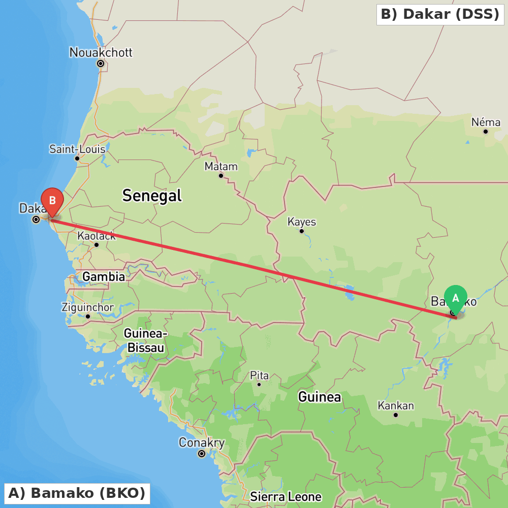 Flight route map from Bamako to Dakar