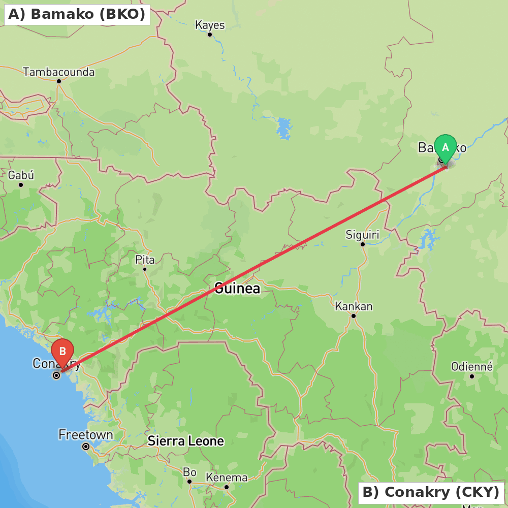 Flight route map from Bamako to Conakry