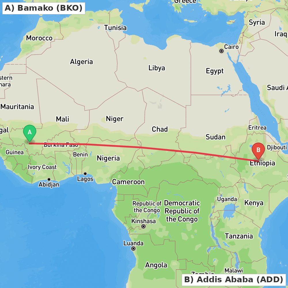 Flight route map from Bamako to Addis Ababa