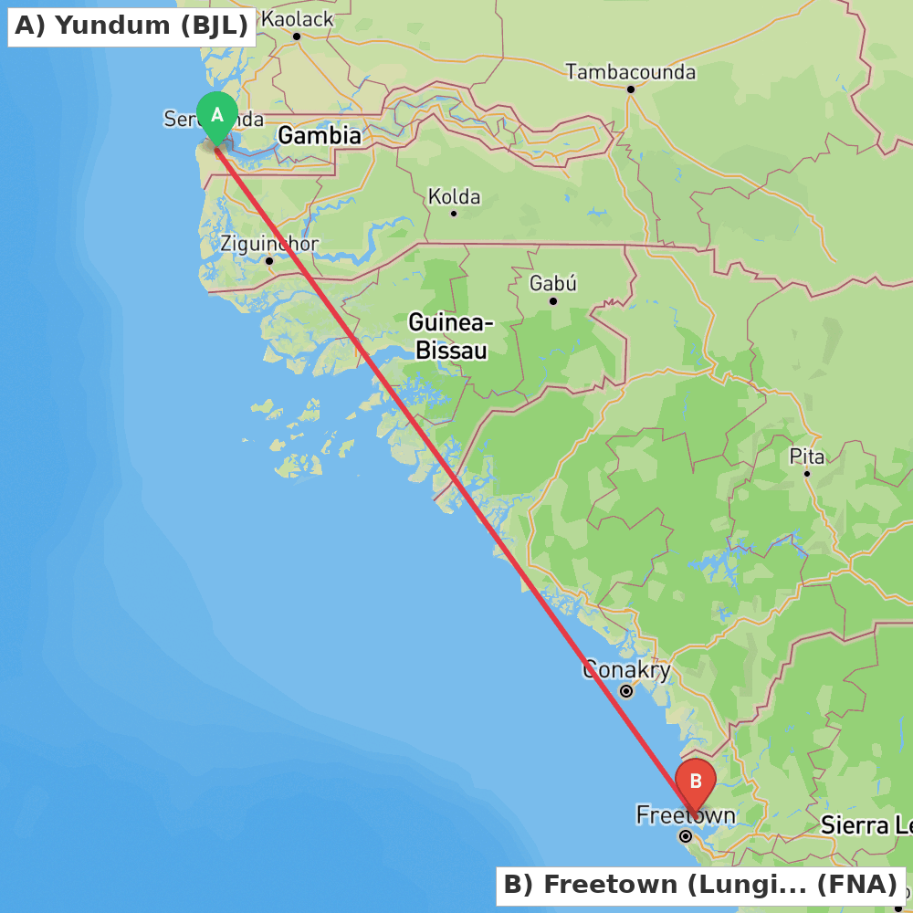 Flight route map from Yundum to Freetown (Lungi-Town)