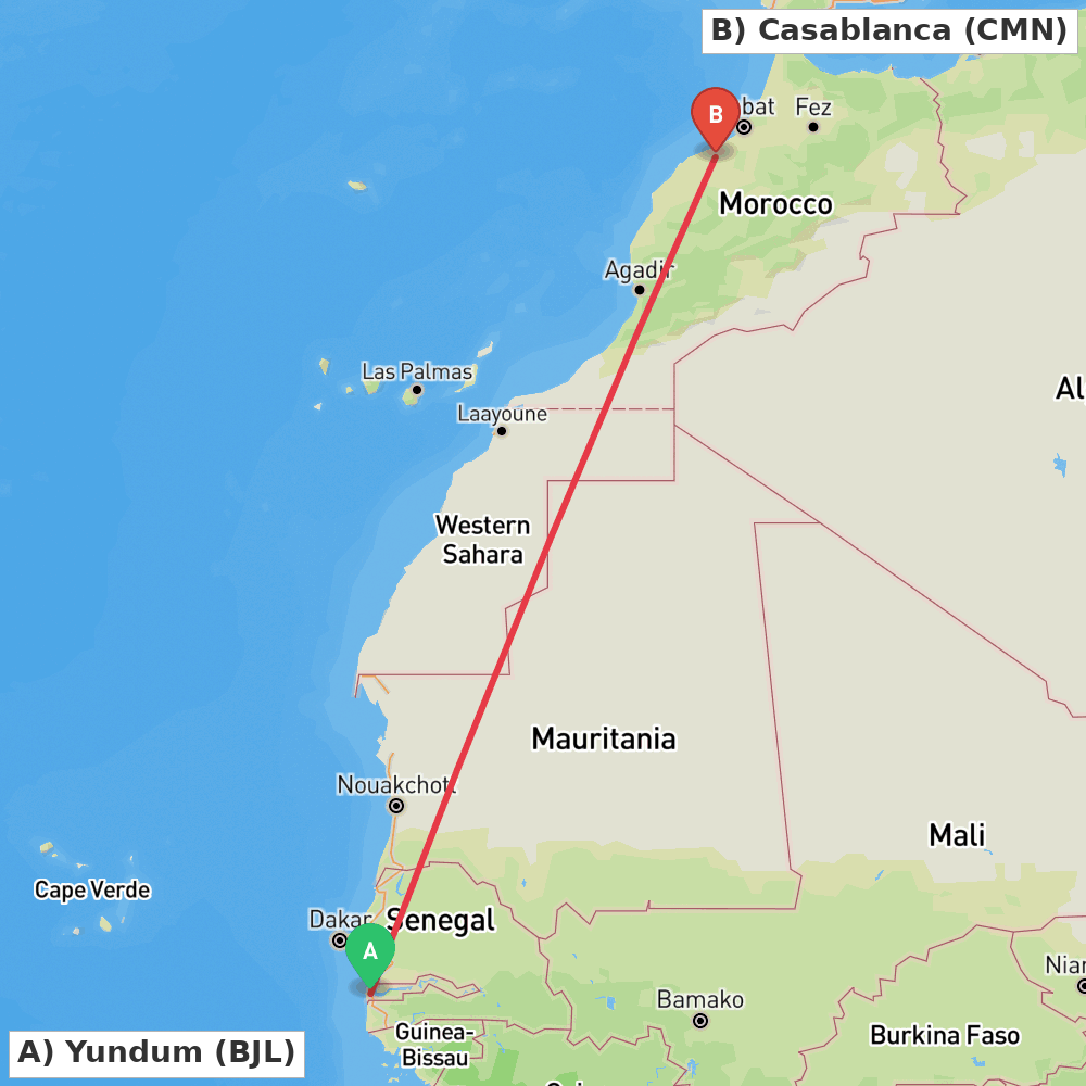 Flight route map from Yundum to Casablanca