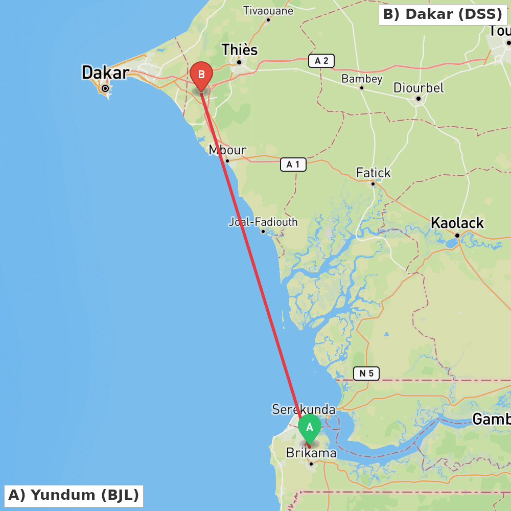 Flight route map from Yundum to Dakar